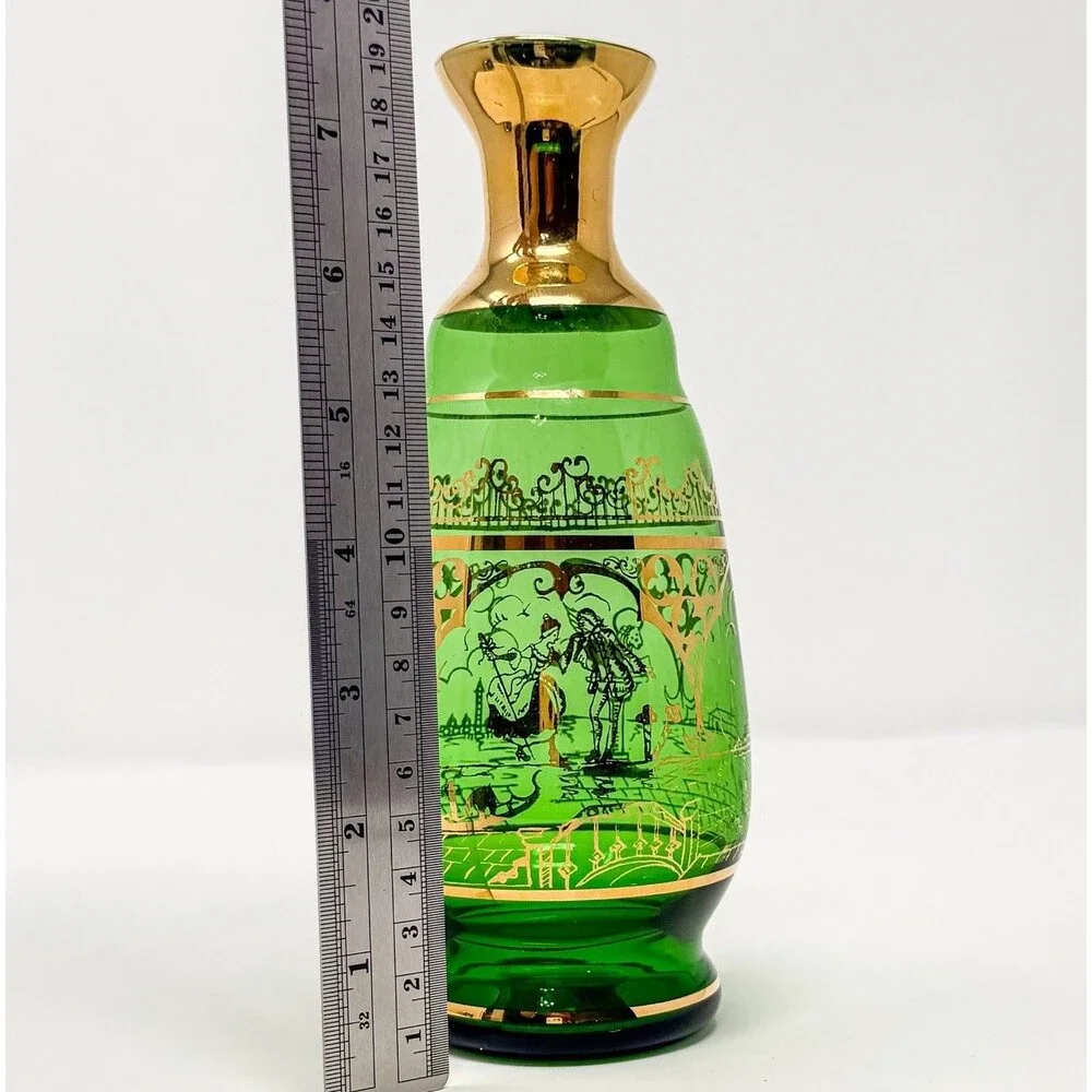 Vintage Bohemian Green Glass Vase Gold Enamel Courting Scene Czech